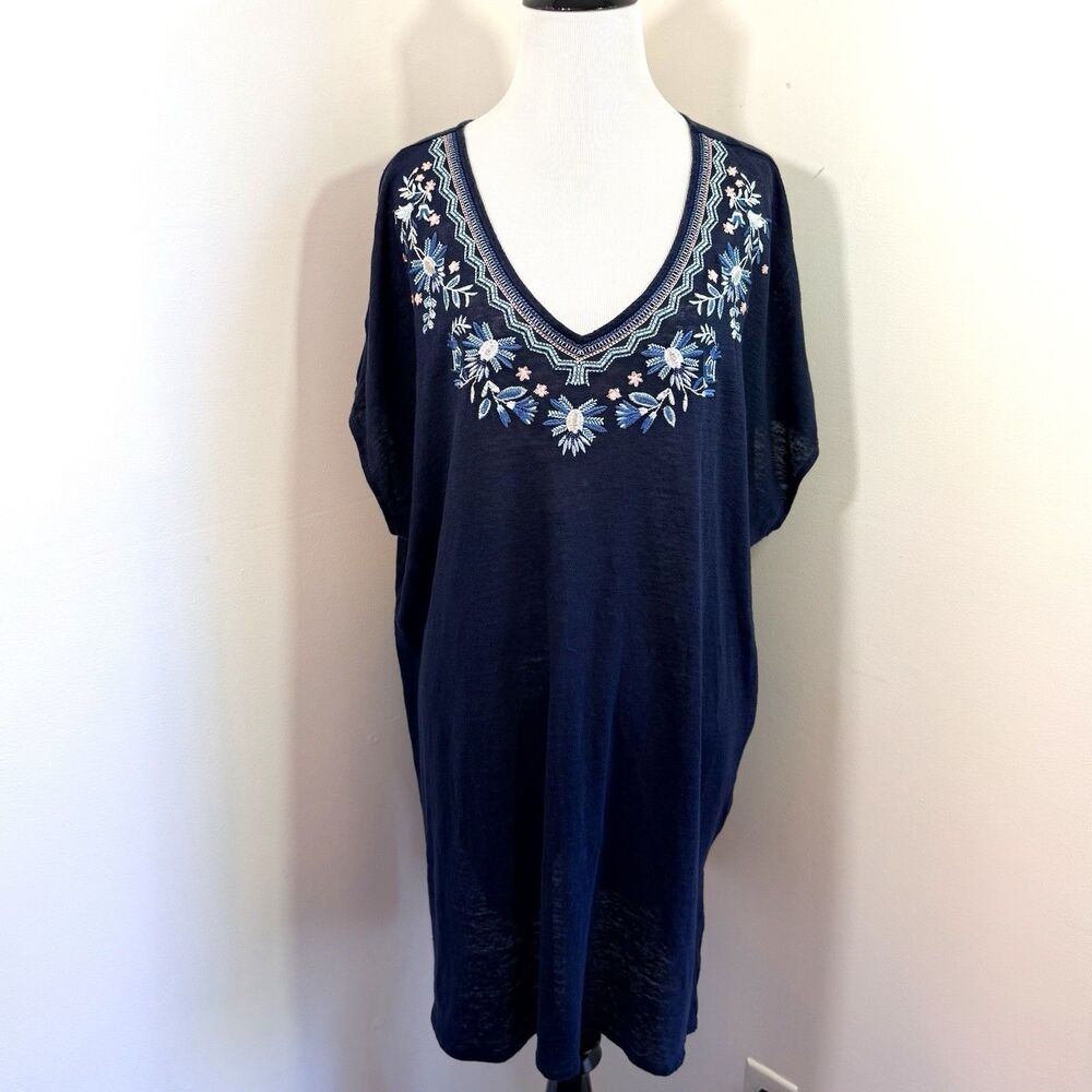 J. Jill Women's Blue Embroidered Floral Short Sleeve Linen Shirt Blouse Size L